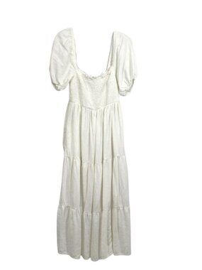 Abercrombie Linen Summer Dress Smocked Puff Sleeve Tiered Boho Midi White M